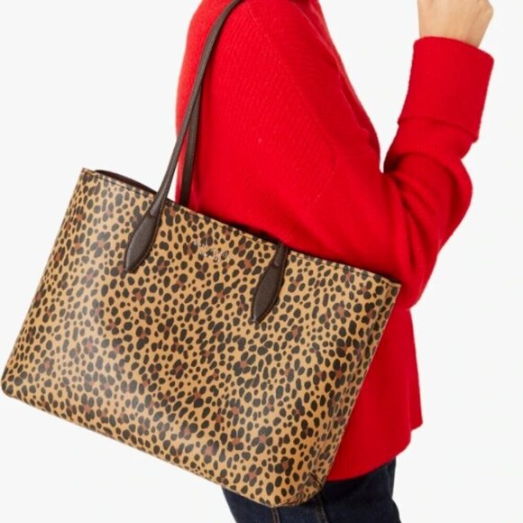 Kate Spade All Day Tote Leopard Brown Leather Shoulder Bag Purse Wristlet Set - Picture 1 of 11